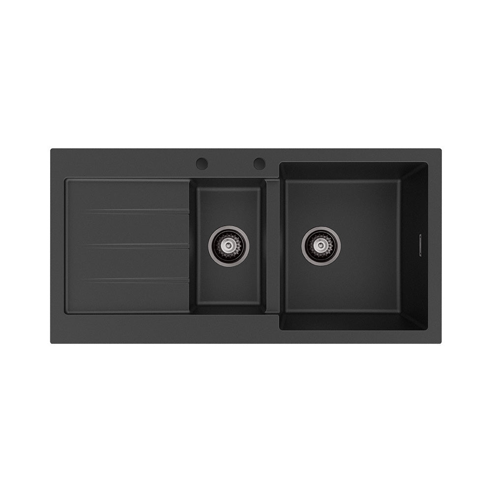 Fienza Kuro Granite Double Bowl Topmount Sink 1000mm (Right Hand) w/ Drainer & Waste (2 Taphole) Matte Black 68610R-2