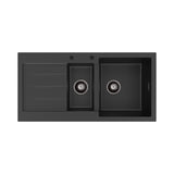 Fienza Kuro Granite Double Bowl Topmount Sink 1000mm (Right Hand) w/ Drainer & Waste (2 Taphole) Matte Black 68610R-2