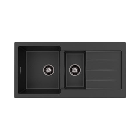 Fienza Kuro Granite Sink Double w/ Drainer Topmount (Incl. Waste) 1000x500x200mm Matte Black 68610