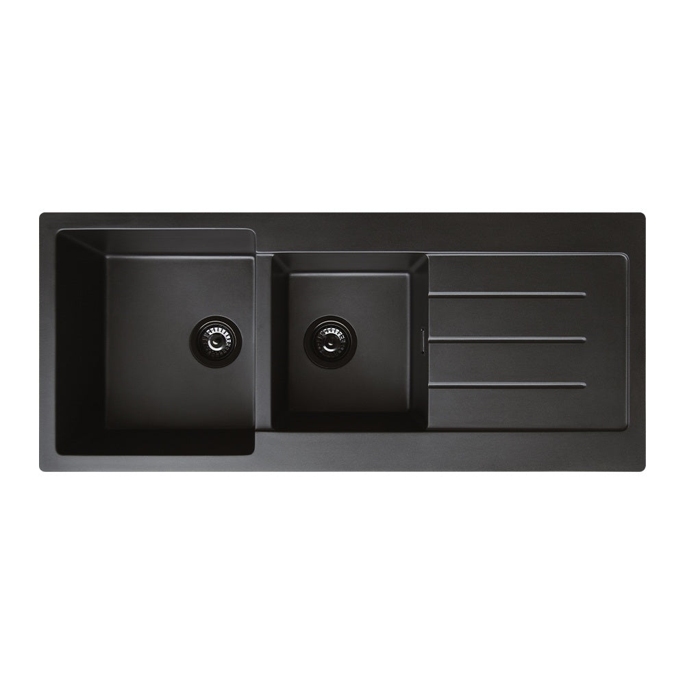 Fienza Kuro Granite Left Hand Double Bowl Sink w/ Drainer 1160x500x220mm Topmount (2 Taphole) w/ Waste 68616L-2