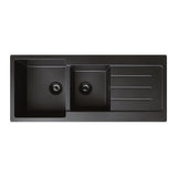 Fienza Kuro Granite Left Hand Double Bowl Sink w/ Drainer 1160x500x220mm Topmount (2 Taphole) w/ Waste 68616L-2