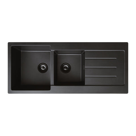 Fienza Kuro Granite Left Hand Double Bowl Sink w/ Drainer 1160x500x220mm Topmount (2 Taphole) w/ Waste 68616L-2