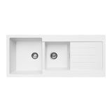 Fienza Kuro Granite Left Hand Double Bowl Sink w/ Drainer 1160x500x220mm Topmount (1 Taphole) w/ Waste White 68616WL-1