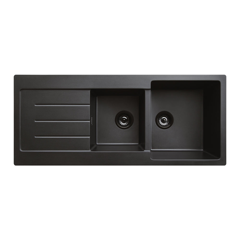 Fienza Kuro Granite Right Hand Double Bowl Sink w/ Drainer 1160x500x220mm Topmount (1 Taphole) w/ Waste 68616R-1