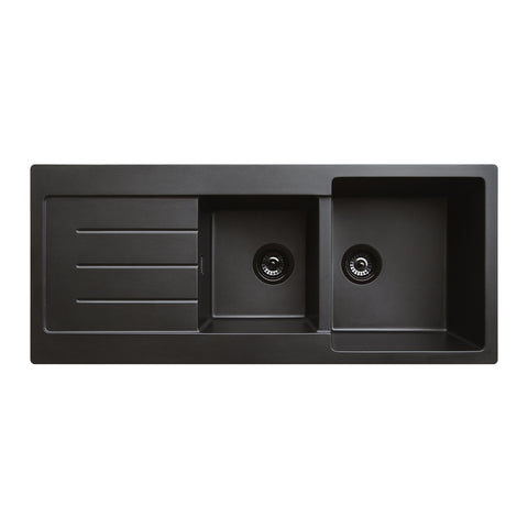 Fienza Kuro Granite Double Bowl Sink w/ Drainer 1160x500x220mm Topmount w/ Waste 68616