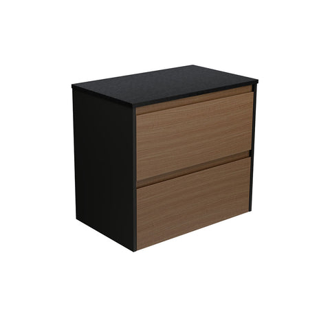 Fienza Amato Wall Hung Vanity 750mm Walnut w/ Satin Black Panels 75BWAB
