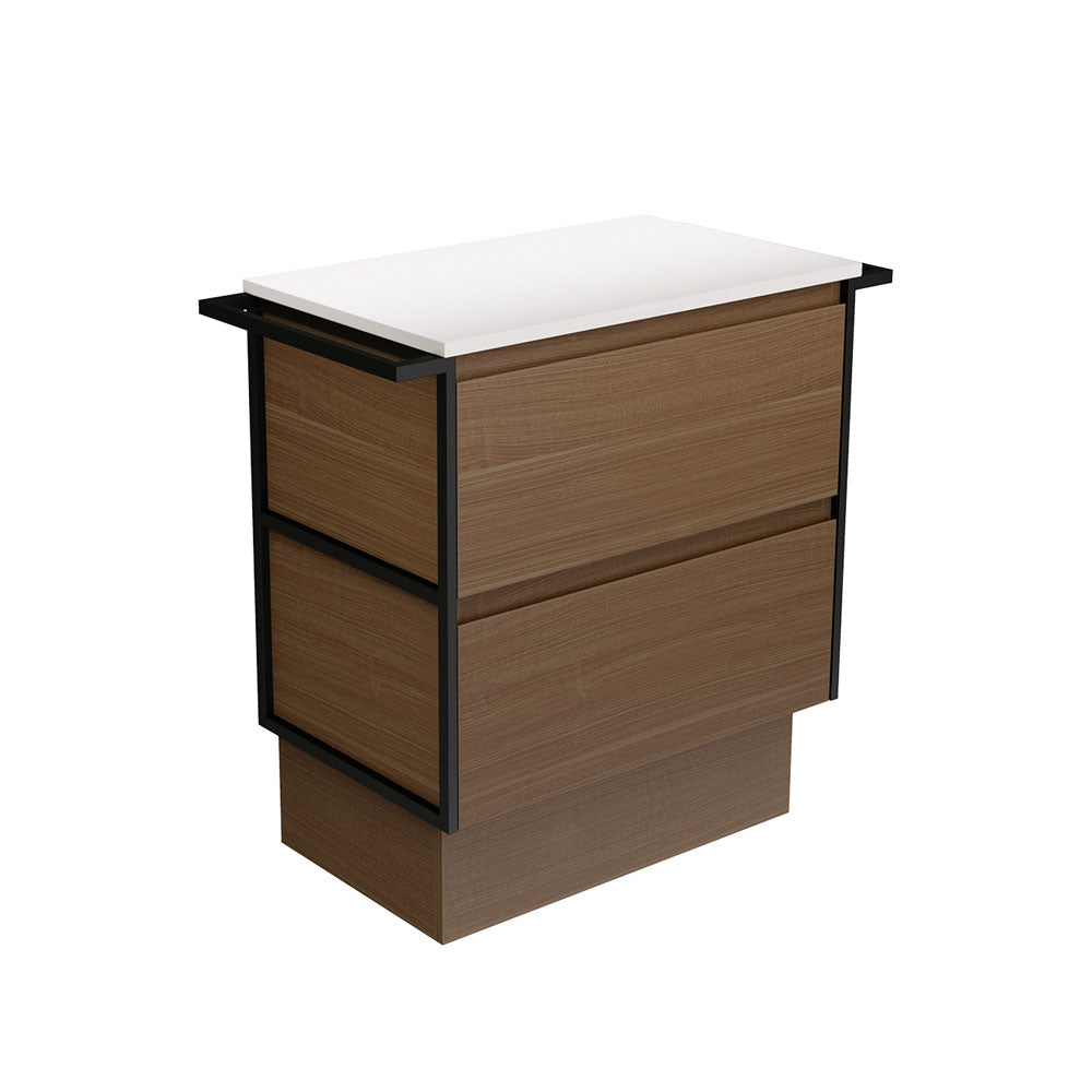 Fienza Amato On Kickboard Vanity 750mm Walnut w/ Matte Black Towel Rails 75BWATK