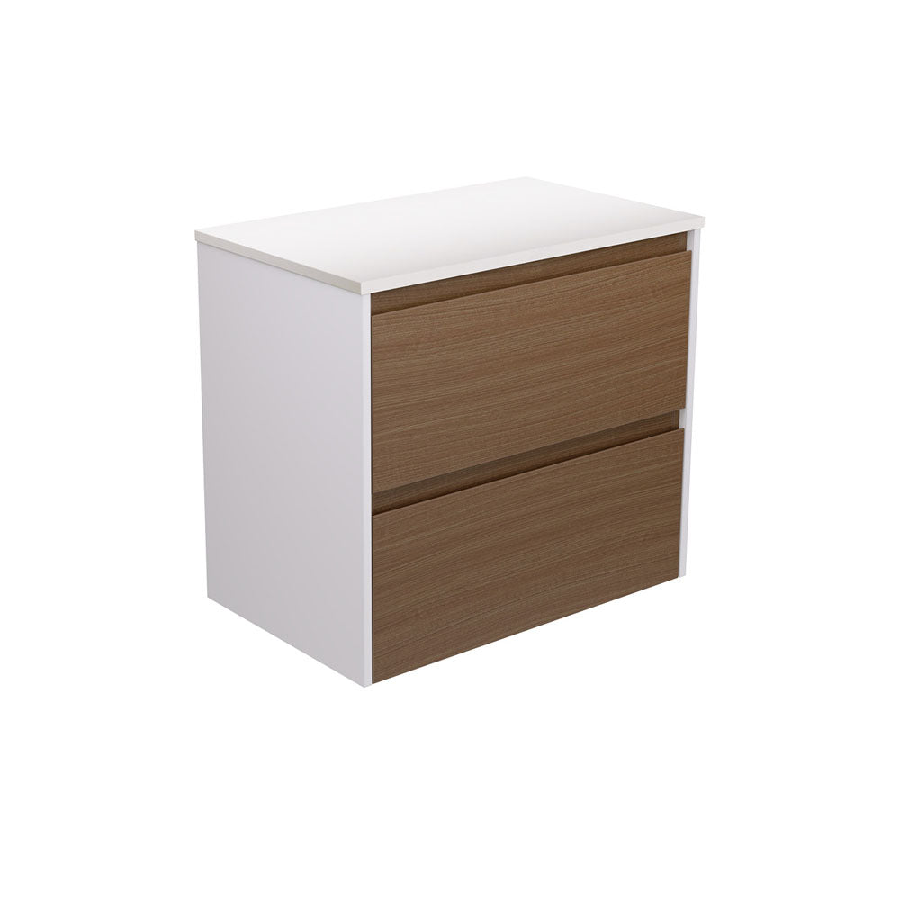 Fienza Amato Wall Hung Vanity 750mm Walnut w/ Satin White Panels 75BWAW