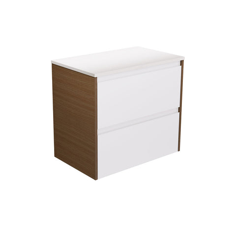 Fienza Amato Wall Hung Vanity 750mm Satin White w/ Walnut Panels 75BWWA