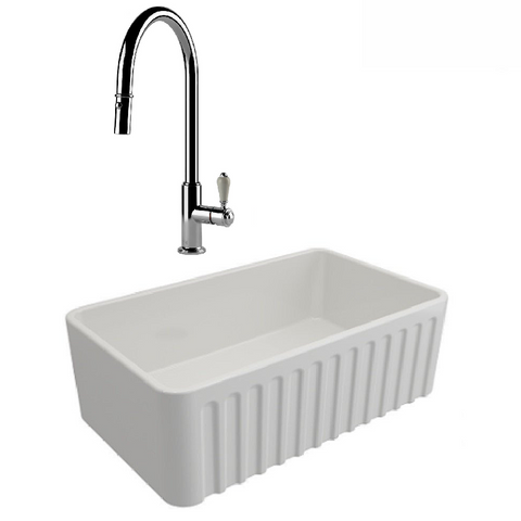 Turner Hastings Package 24 Novi Sink 750mm (Incl. Stainless Steel Grid & Chrome Ludlow Pull Out Mixer and Basket Waste) Gloss White PKG024