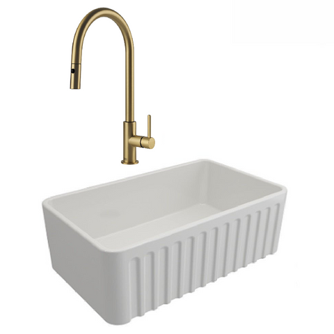 Turner Hastings Package 21 Novi Sink 750mm (Incl. Brushed Brass Grid, Naples Pull Out Mixer and Basket Waste) Gloss White PKG021