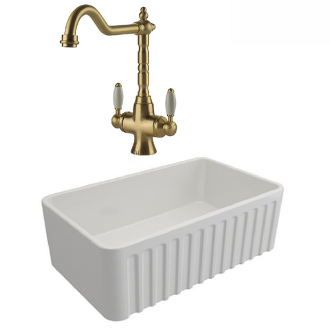 Turner Hastings Package 28 Novi Sink 600mm (Incl. Brushed Brass Grid, Providance Double Mixer and Basket Waste) Gloss White PKG028