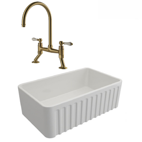 Turner Hastings Package 20 Novi Sink 750mm (Incl. Brushed Brass Grid, Ludlow Bridge Tap and Basket Waste) Gloss White PKG020