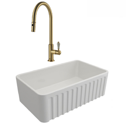 Turner Hastings Package 19 Novi Sink 750mm (Incl. Brushed Brass Grid, Ludlow Pull Out Mixer and Basket Waste) Gloss White PKG019