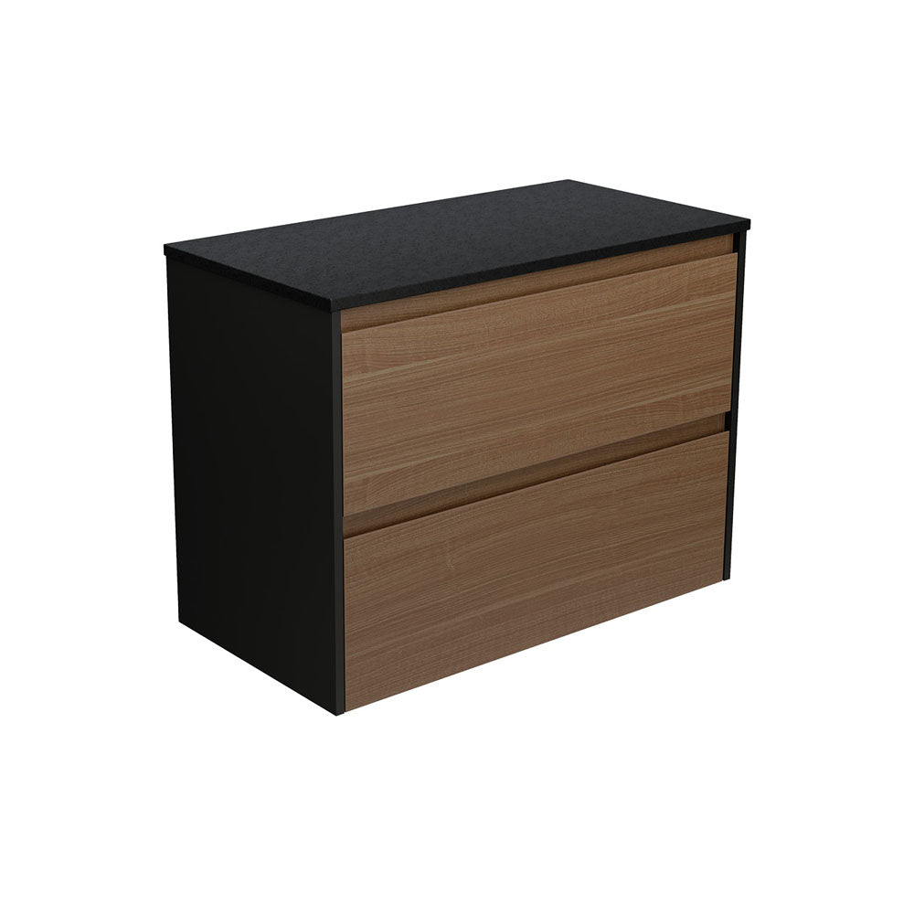 Fienza Amato Wall Hung Vanity 900mm Walnut w/ Satin Black Panels 90BWAB