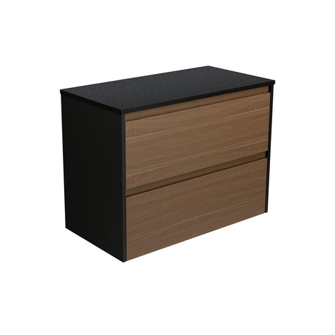 Fienza Amato Wall Hung Vanity 900mm Walnut w/ Satin Black Panels 90BWAB