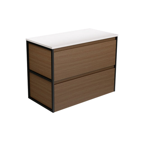 Fienza Amato Wall Hung Vanity 900mm Walnut w/ Matte Black Frames 90BWAF