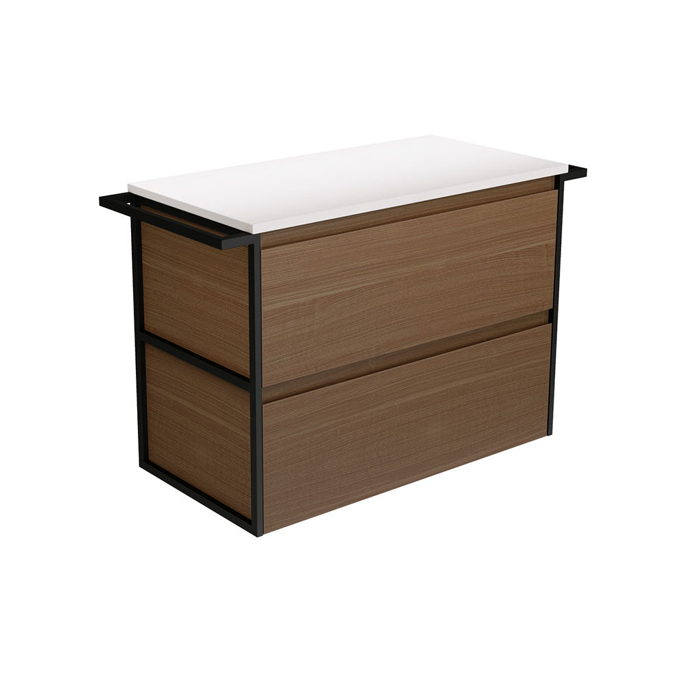 Fienza Amato Wall Hung Vanity 900mm Walnut w/ Matte Black Towel Rails 90BWAT