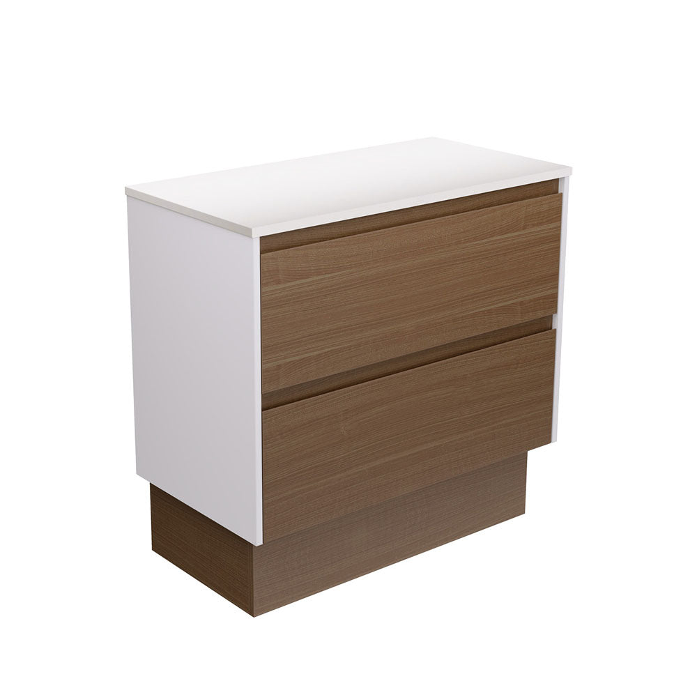 Fienza Amato On Kickboard Vanity 900mm Walnut w/ Satin White Panels 90BWAWK