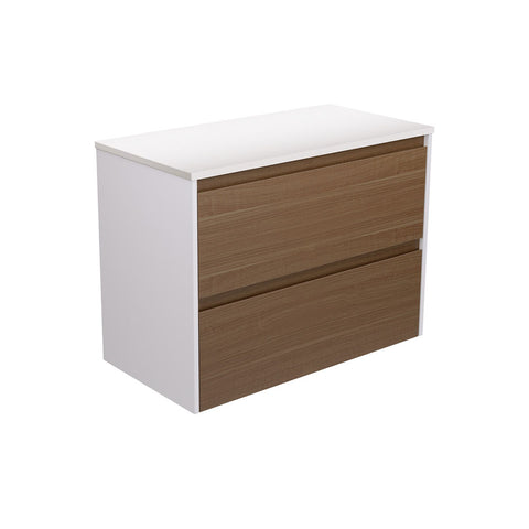 Fienza Amato Wall Hung Vanity 900mm Walnut w/ Satin White Panels 90BWAW