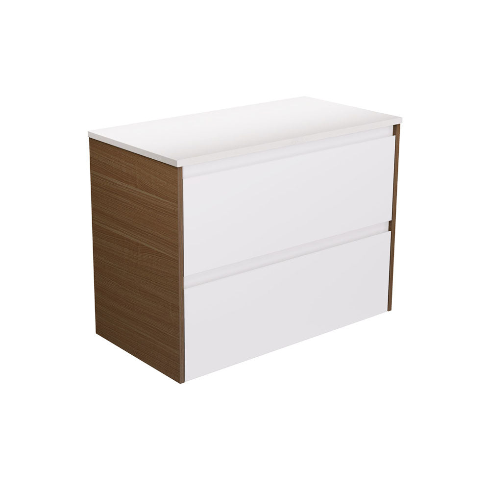 Fienza Amato Wall Hung Vanity 900mm Satin White w/ Walnut Panels 90BWWA