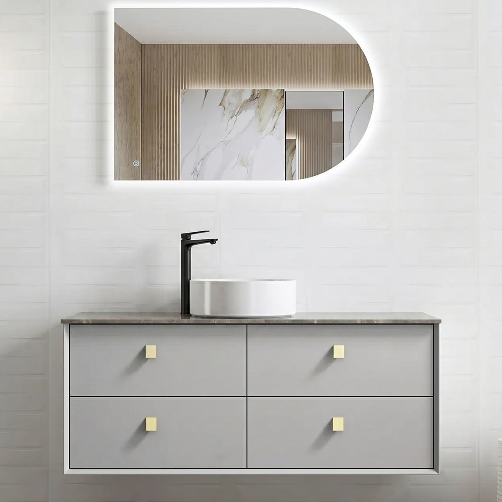 Otti Boston Wall Hung Vanity 1200mm (10 O'Clock Taphole) Light Grey / Amani Grey Top BS1200LGST-G-10TH
