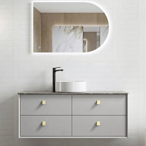 Otti Boston Wall Hung Vanity 1200mm (10 O'Clock Taphole) Light Grey / Amani Grey Top BS1200LGST-G-10TH