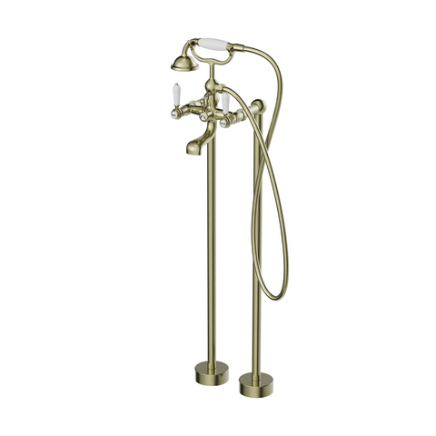 Nero York Freestanding Bath Mixer & Hand Shower With White Porcelain Lever Aged Brass NR692103A01AB