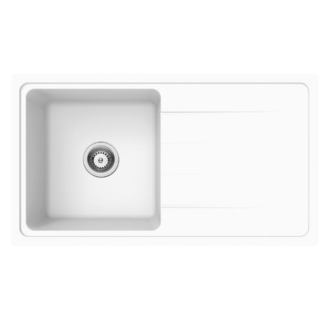 Amelie Deauville Kitchen Sink Quartz Single Bowl with Drainer Topmount 864x484x235mm (No Overflow) White BDOFORSB864WH