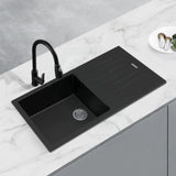 Arete Stone Kitchen Sink Black Granite Quartz with drainboard Top/Undermount 1000x500x200mm OX1050.KS