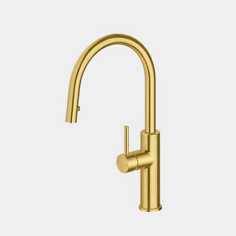 Amelie Essentiel Gooseneck Sink Mixer Pull Out Round Pin Brushed Brass BDO18107BG