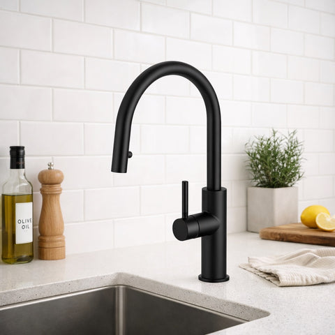 Amelie Essentiel Gooseneck Sink Mixer Pull Out Round Pin Matte Black BDO18107MB