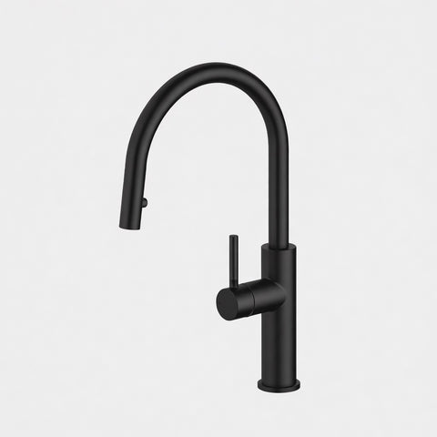 Amelie Essentiel Gooseneck Sink Mixer Pull Out Round Pin Matte Black BDO18107MB