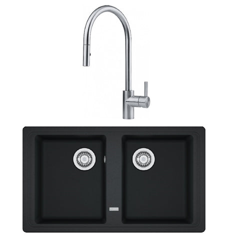 Franke Basis Double Bowl Sink 860mm Onyx + Eos Neo Pull-Out Tap Stainless Steel BFG620/TA9601