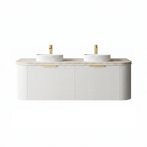 Otti Bondi Curve Wall Hung Fluted Vanity 1500mm Satin White / Sand Dune Top BO1500WST-SD