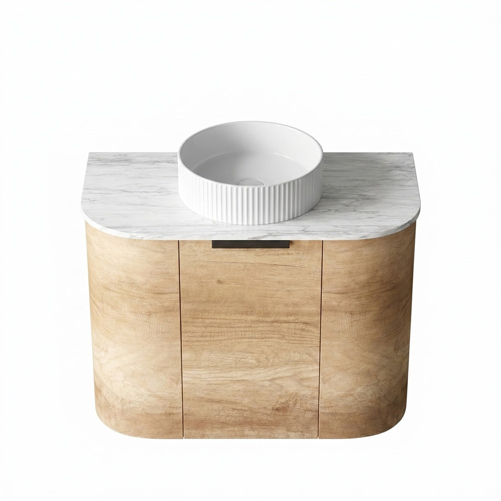 Otti Bondi Curve Wall Hung Vanity 600mm Natural Oak / Natural Carrara Marble Top BO600NST-NCA