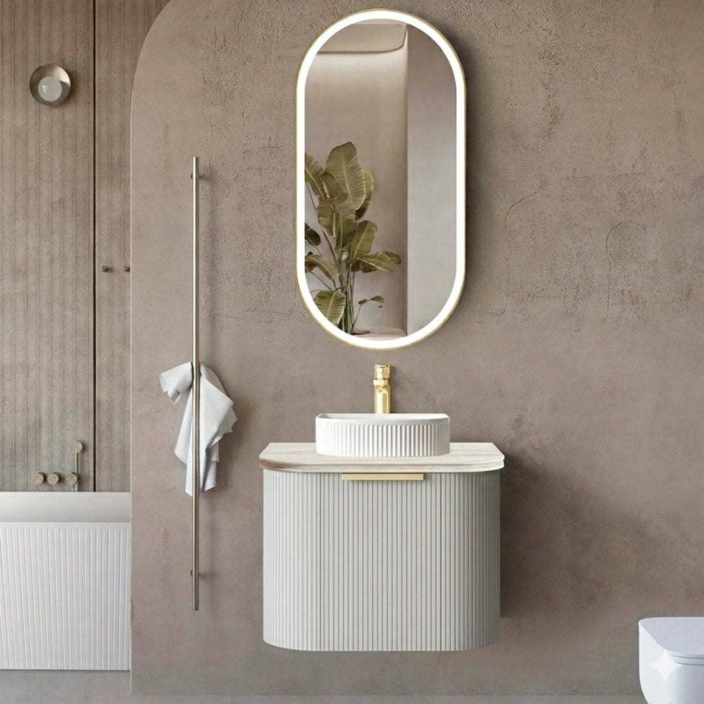 Otti Bondi Curve Fluted Wall Hung Vanity 600mm Satin White / Sand Dune Top BO600WST-SD