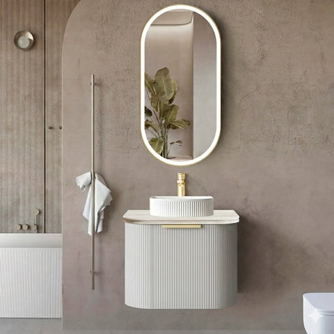 Otti Bondi Curve Fluted Wall Hung Vanity 600mm Satin White / Sand Dune Top BO600WST-SD