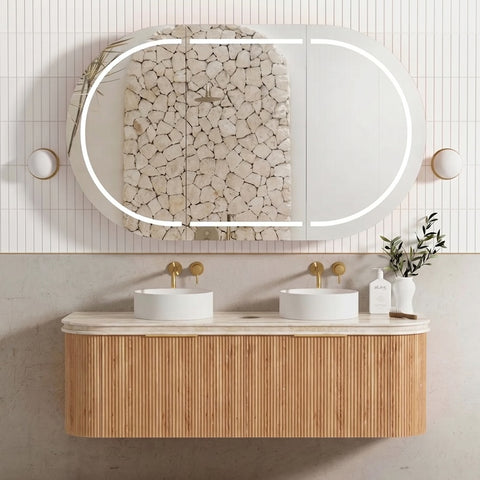 Otti Bondi Curve Fluted Wall Hung Vanity 1500mm Woodland Oak / Sand Dune Top BOW1500LST-SD
