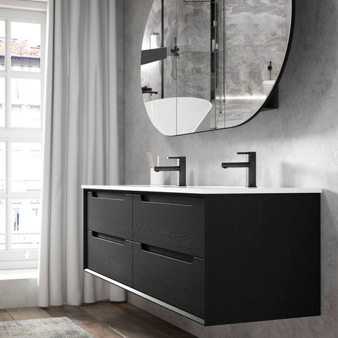 Otti Byron Wall Hung Vanity 1200mm w/ Double Bowl Black Oak / Mont Blanc Top BY1200BSTCA-D-NTH