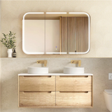Otti Byron Wall Hung Vanity 1200mm w/ Double Bowl (No Taphole) Natural Oak / Mont Blanc Top BY1200NSTCA-D-NTH
