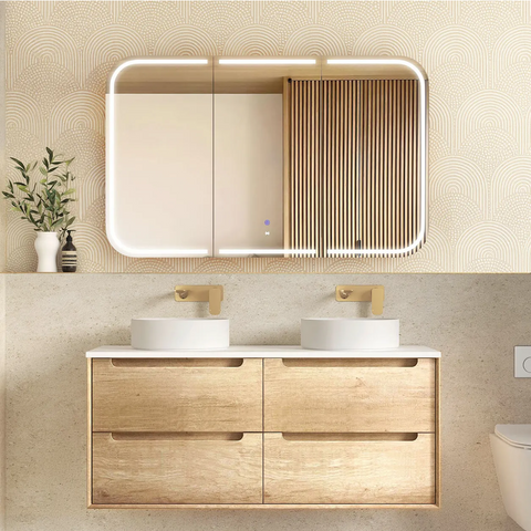 Otti Byron Wall Hung Vanity 1200mm w/ Double Bowl (No Taphole) Natural Oak / Mont Blanc Top BY1200NSTCA-D-NTH