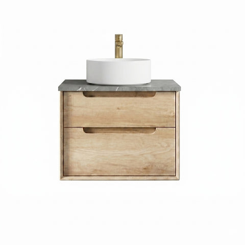 Otti Byron Wall Hung Vanity 600mm (2 O'Clock Taphole) Natural Oak / Amani Grey Top BY600NST-G-2TH