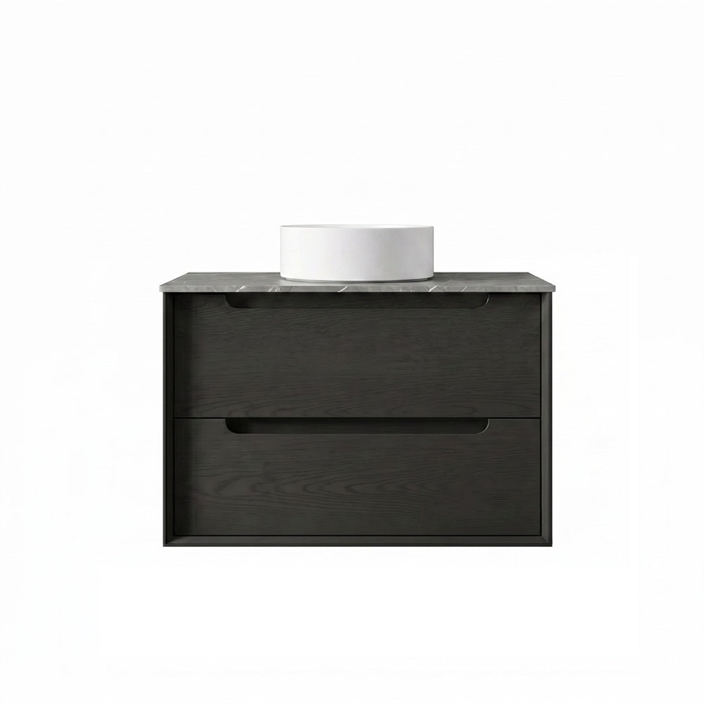 Otti Byron Wall Hung Vanity 750mm (2 O'Clock Taphole) Black Oak / Amani Grey Top BY750BST-G-2TH
