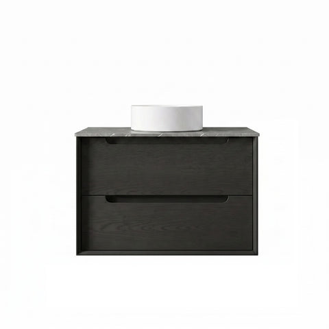 Otti Byron Wall Hung Vanity 750mm (2 O'Clock Taphole) Black Oak / Amani Grey Top BY750BST-G-2TH