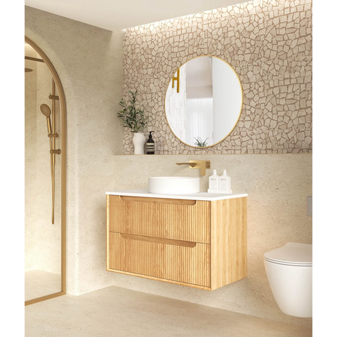 Otti Byron Fluted Wall Hung Vanity 900mm Woodland Oak / White Top BYW900LCT