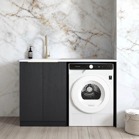 Otti Base Laundry Cabinet 1300mm Black Oak / Natural Carrara Marble Top LA-1300-BYB-NCA
