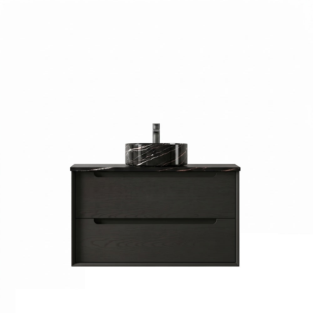 Otti Byron Wall Hung Vanity 900mm (10 O'Clock Taphole) Black Oak / Empire Black Top BY900BST-EB-10TH
