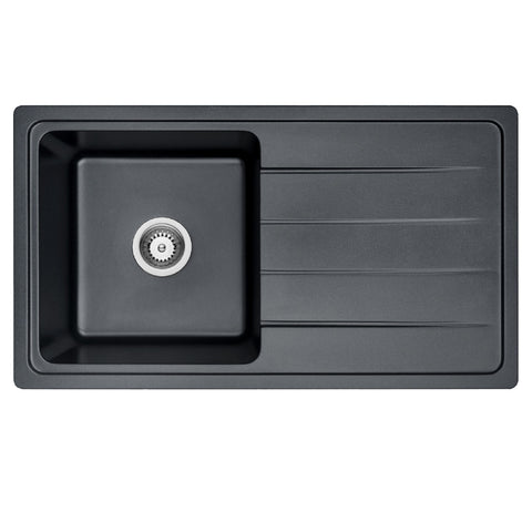 Amelie Deauville Kitchen Sink Quartz Single Bowl with Drainer Topmount 864x484x235mm (No Overflow) Matte Black BDOFORSB864BL