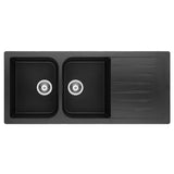 Amelie Deauville Kitchen Sink Quartz Double Bowl w/ Drainer (Topmount) 1160x500x255mm (No Overflow) Matte Black BDOFORDB1160BL